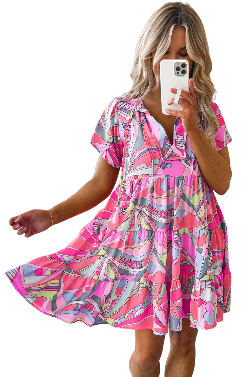 Multicolor Abstract Print Split V Neck Short Sleeve Tiered Dress