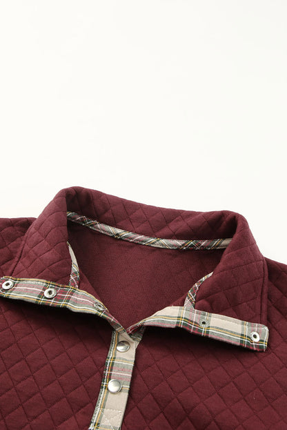 Plaid Geometric Texture Trim Buttons Neck Sweatshirt