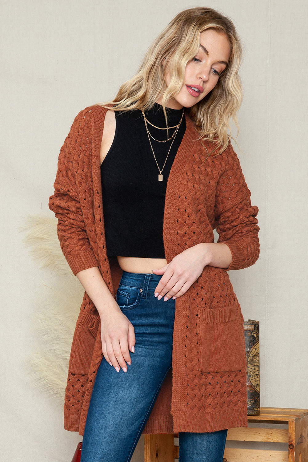 Brown Woven Texture Open Front Pockets Knit Cardigan