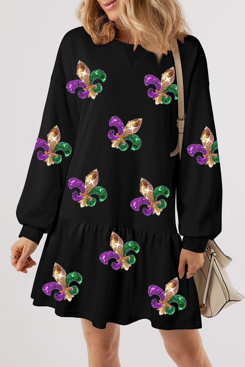Sequin Mardi Gras Fleur De Lis Graphic Ruffle Hem Mini Dress