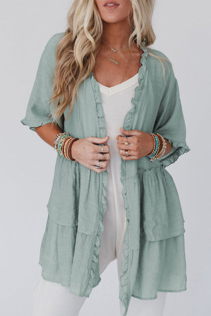 Green Ruffled Trim Short Sleeve Open Front Kimono