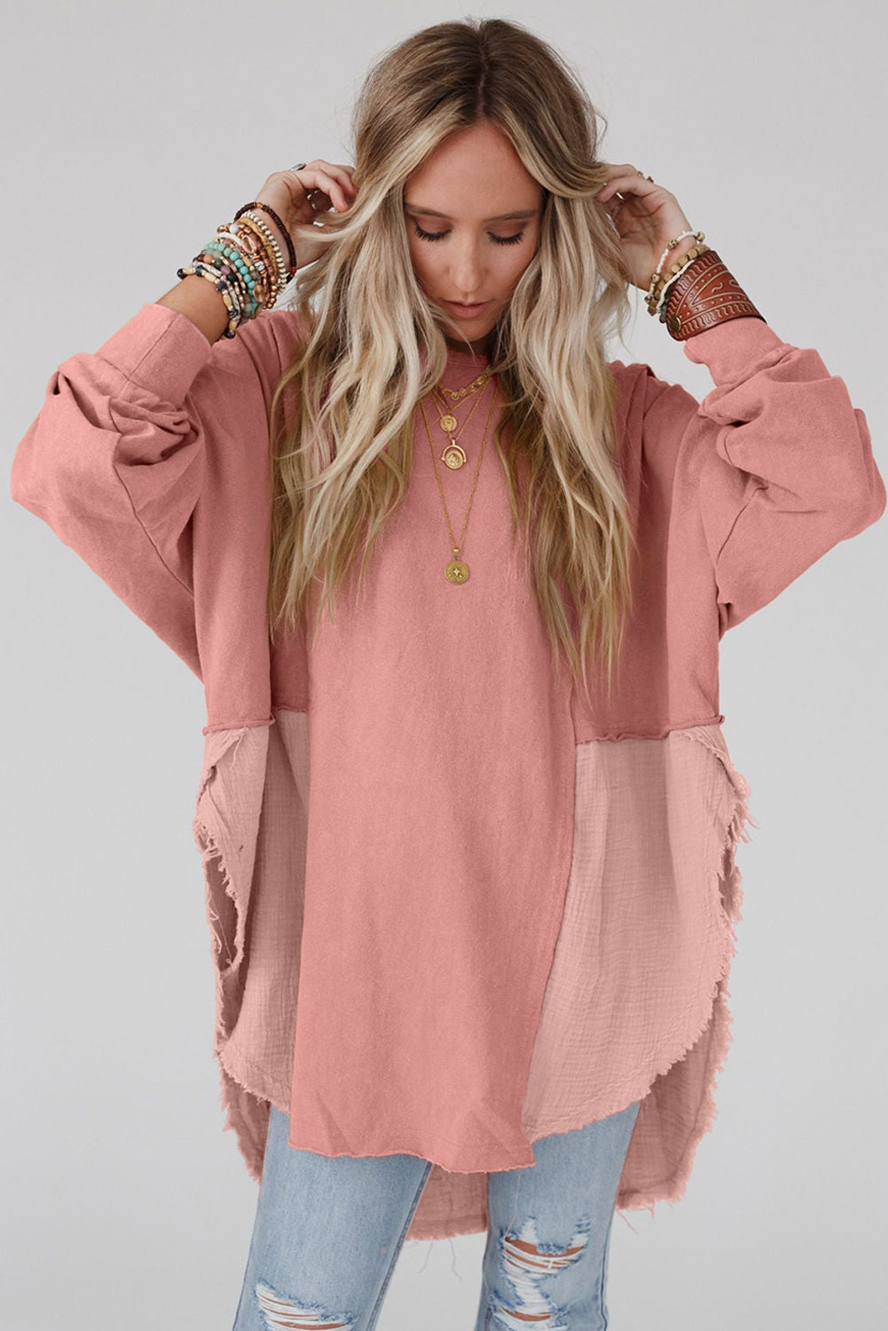 Rose Pink Crinkled Patchwork Raw Hem Oversized Tops