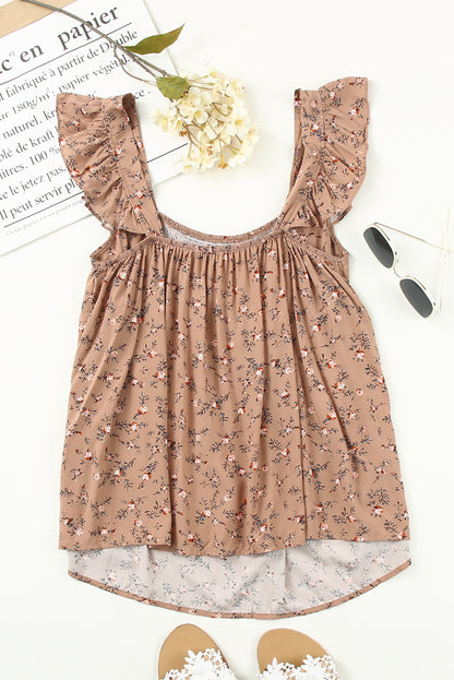 Floral Print Smocked Neck Flounce Sleeveless Shirt