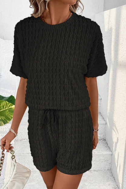 Frill Textured Tee and Drawstring Shorts Set