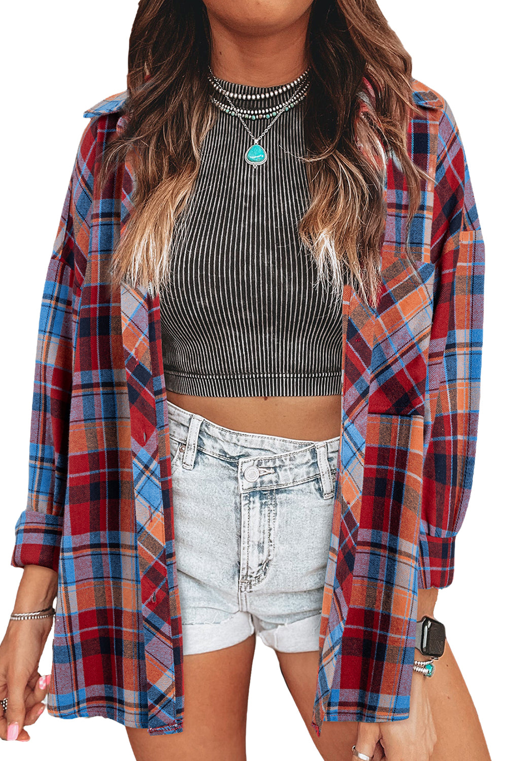 Orange Plaid Print Pocket Loose Shirt Shacket