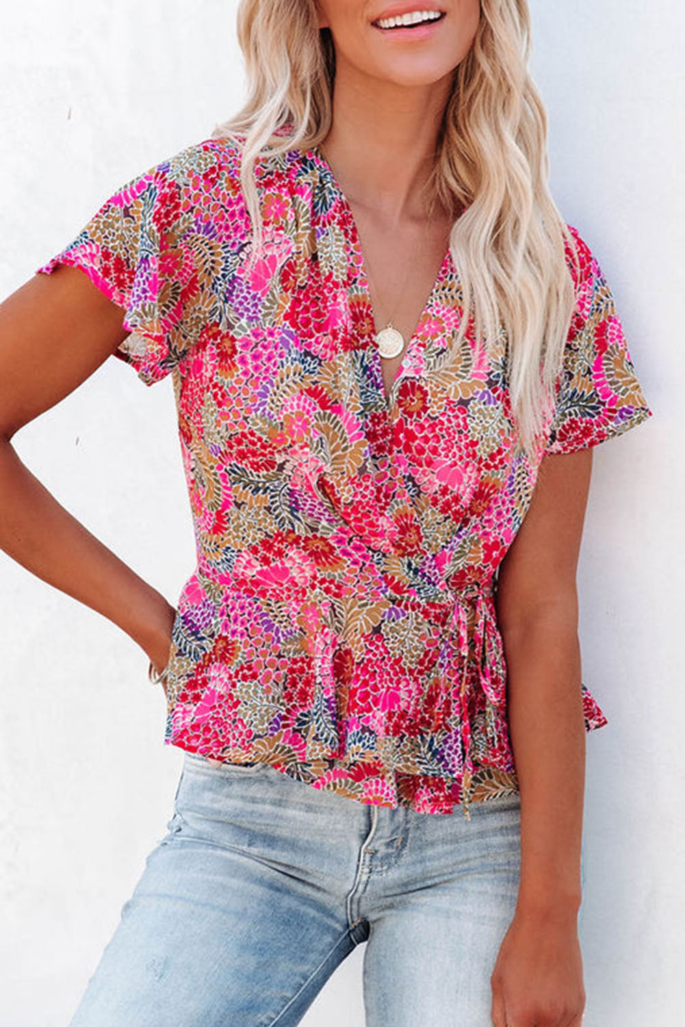 Multicolor Floral Print Smocked Cuffs Long Sleeve Blouse