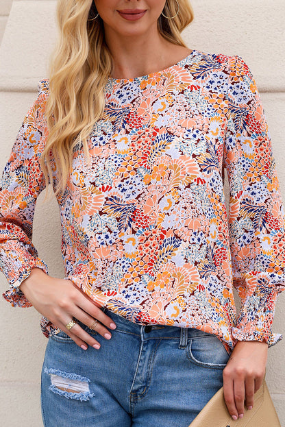 Multicolor Floral Print Smocked Cuffs Long Sleeve Blouse