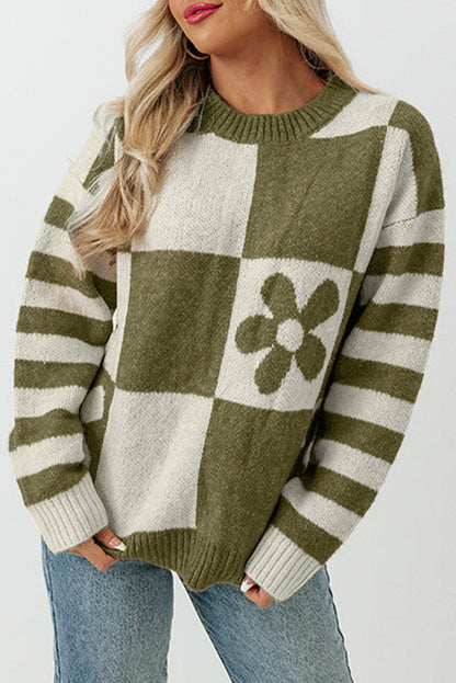 Orchid Petal Checkered and Striped Knitted Sweater
