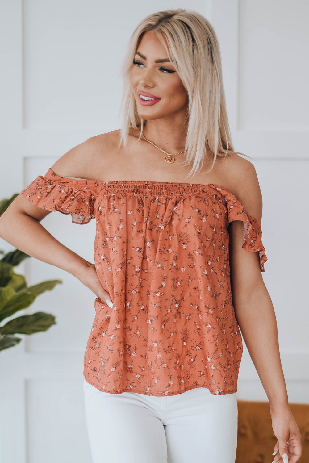 Floral Print Smocked Neck Flounce Sleeveless Shirt