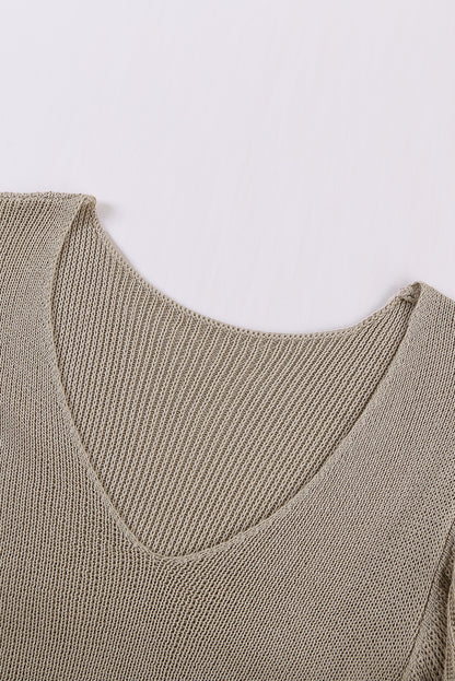 Khaki Ruffle V Neck Casual Sleeveless Knit Top
