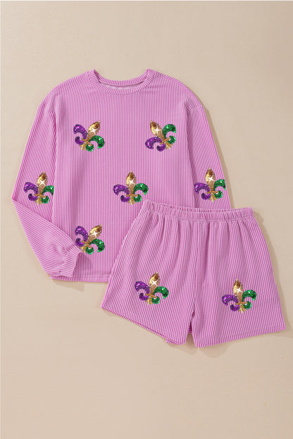 Phalaenopsis Mardi Gras Graphic Patched Corded Long Sleeve Top and Shorts