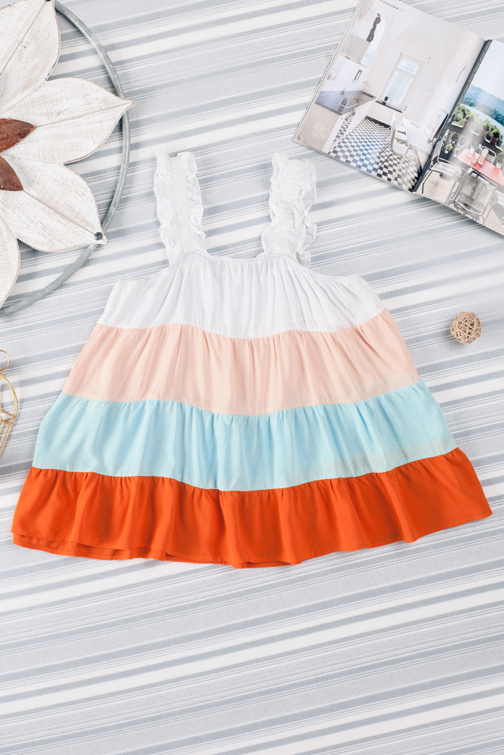 Multicolor Frill Tiered Colorblock Casual A-line Dress