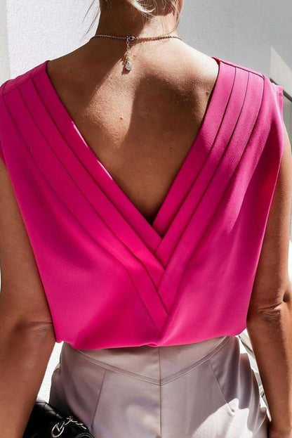 Pleated Backless V Neck Sleeveless Shirt