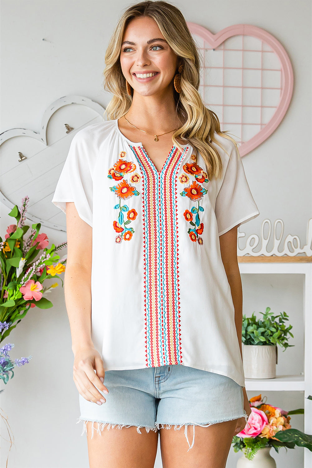 Floral Embroidered Boho Ruffle Puff Sleeve Blouse