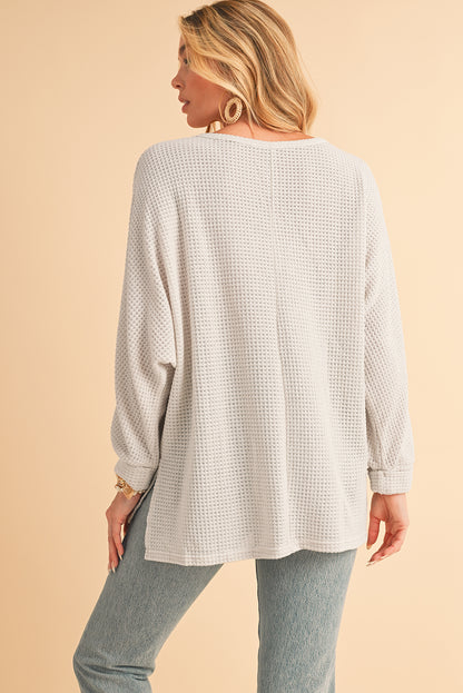 Waffle Knit Side Slits Loose Fit V Neck Top