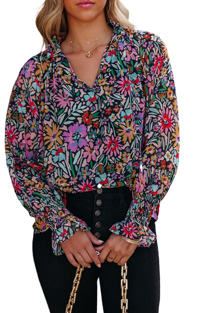 Multicolor Floral Boho Tie V Neck Peasant Blouse