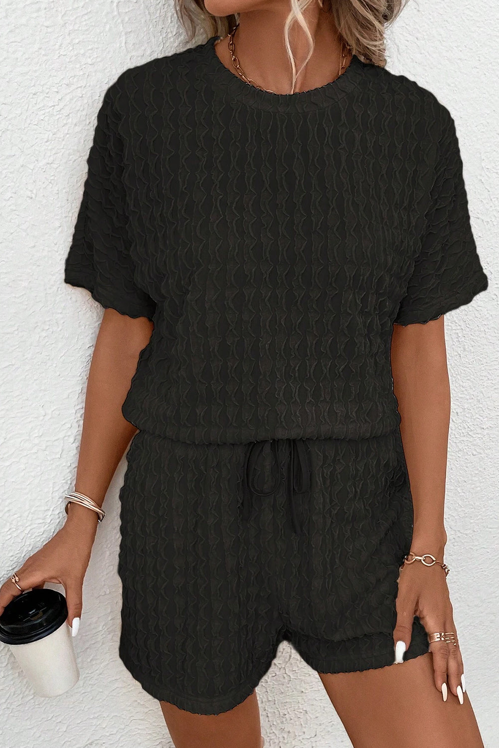 Frill Textured Tee and Drawstring Shorts Set