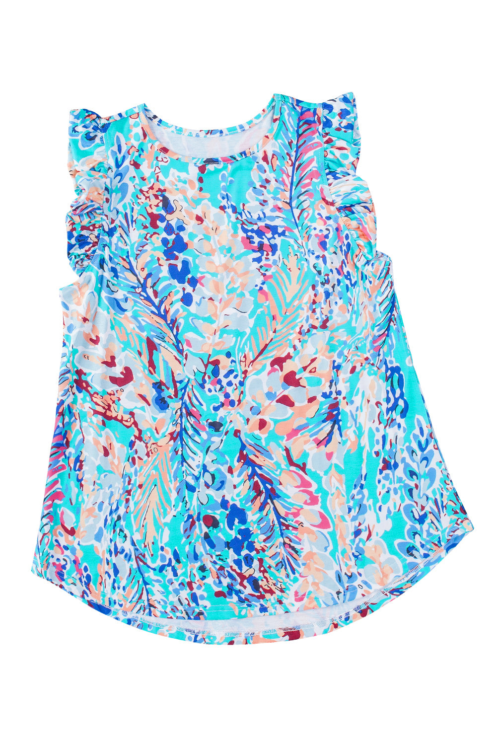 Light Blue Abstract Print Color Block Babydoll Boho Sleeveless Shirt with Ruffle