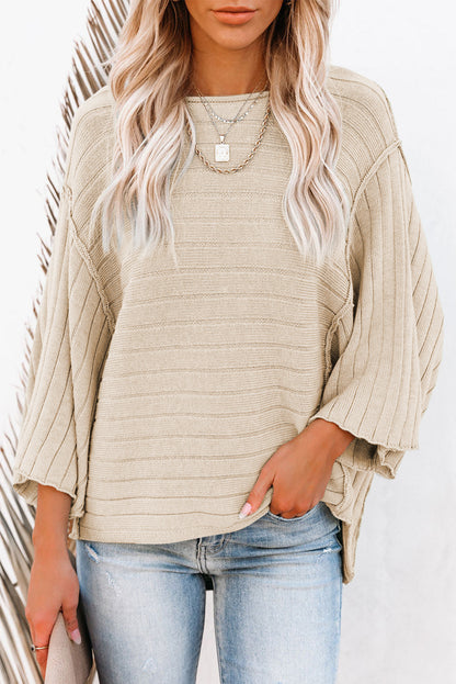 Brown Ribbed Knit Exposed Seam Dolman Sweater