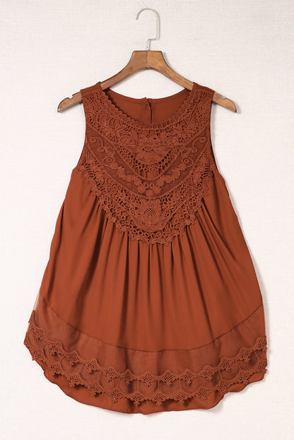 Casual Contrast Lace Crochet Button Back Sleeveless Shirt