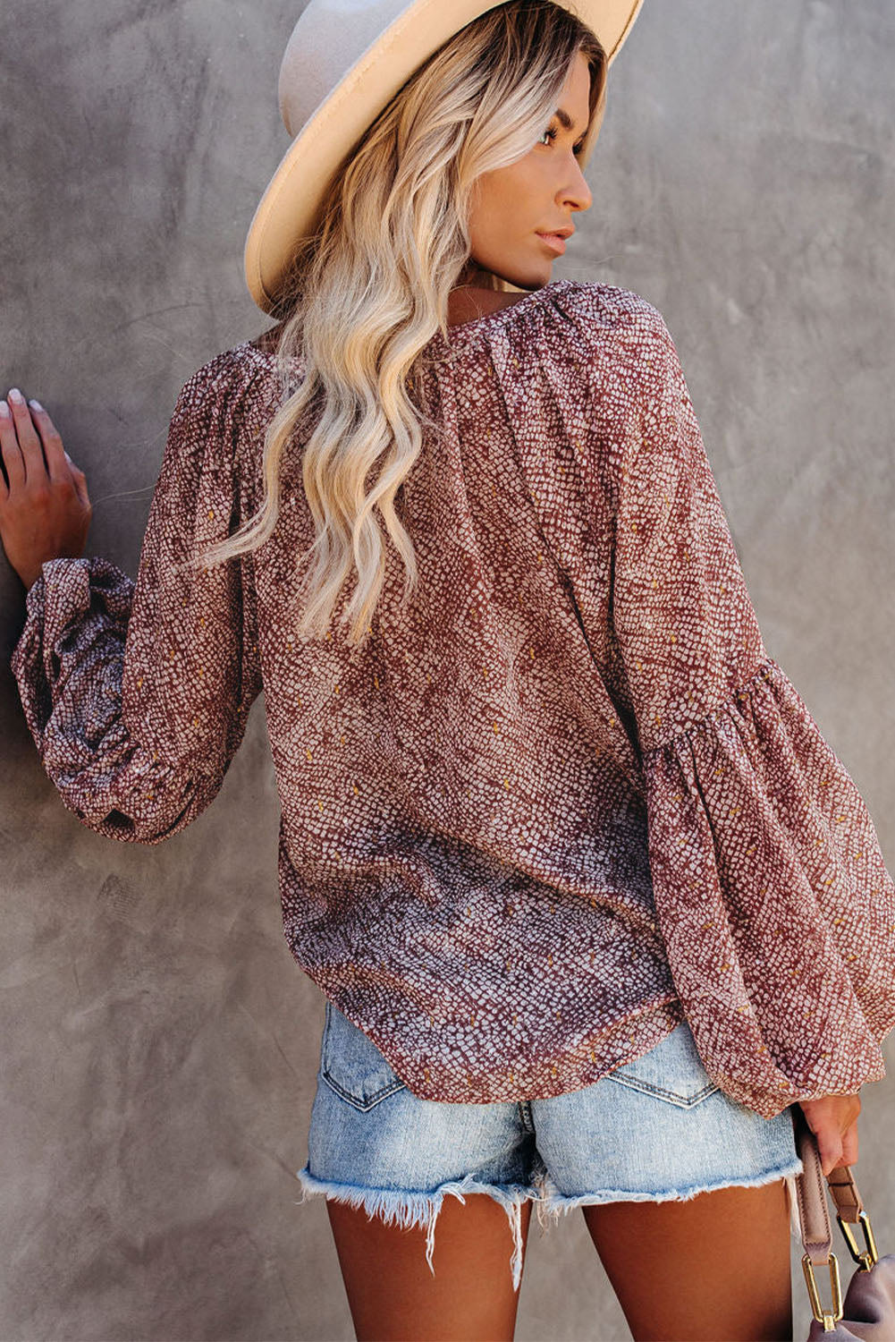 Abstract Print Pleated Lantern Sleeve Split V Neck Blouse