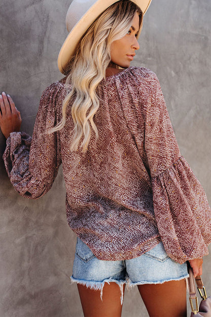 Abstract Print Pleated Lantern Sleeve Split V Neck Blouse