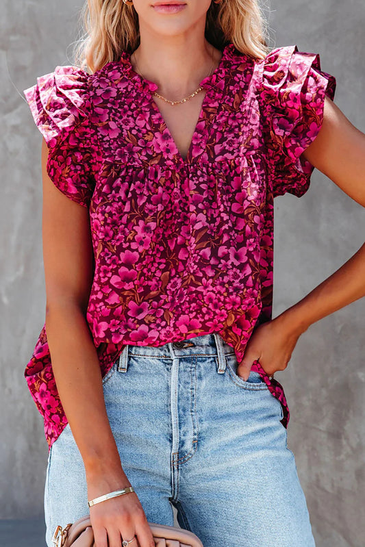Floral Print Tiered Ruffle Sleeve V Neck Boho Top