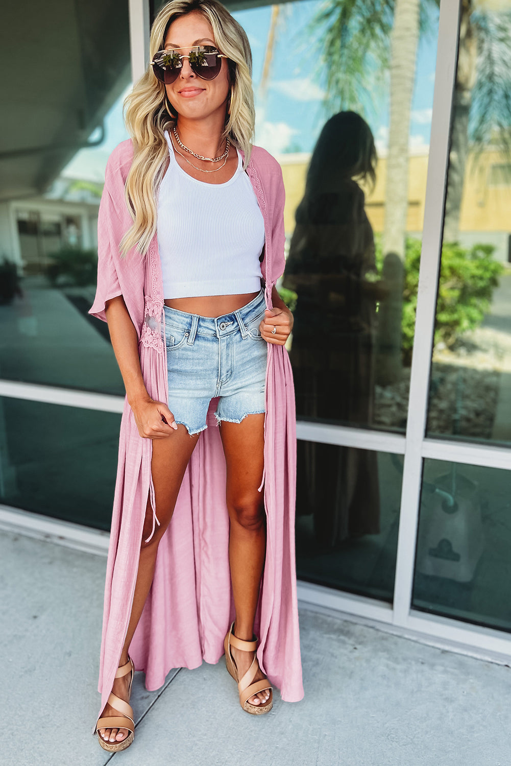 Black Lace Splicing Open Front Maxi Kimono