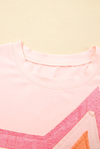 Light Pink Eyelet Colorblock Star Applique Plus Size T Shirt