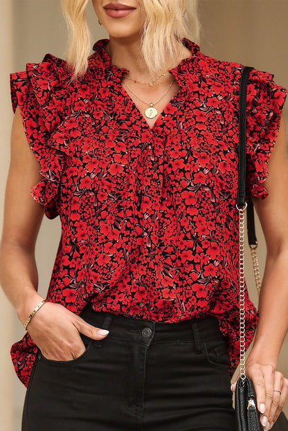 Floral Print Tiered Ruffle Sleeve V Neck Boho Top