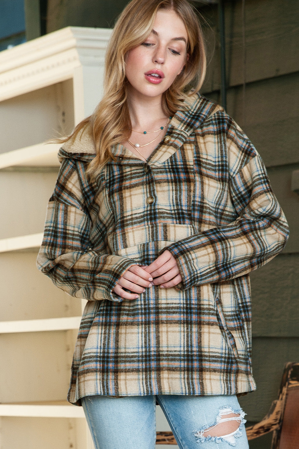 Plaid Button Neck Pocketed Pullover Hoodie