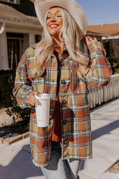 Dark Blue Oversized Flap Pockets Plaid Shacket with Slits