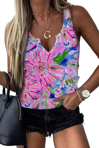 Abstract Floral Print Split V Neck Short Sleeve Blouse
