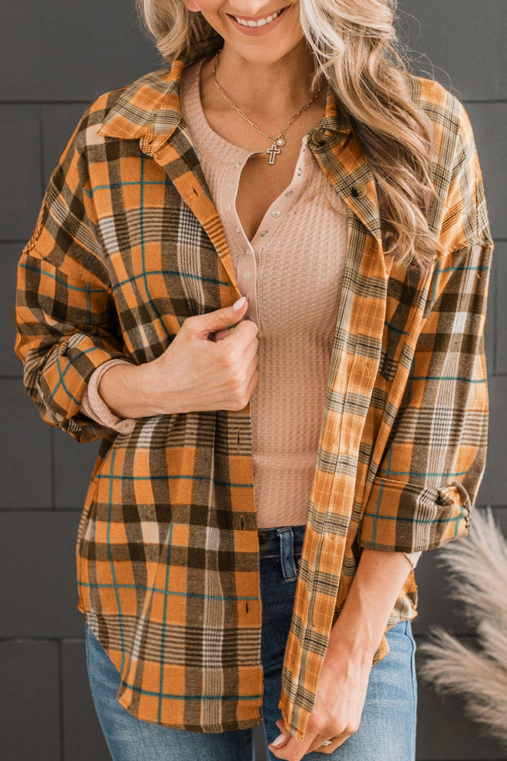 Orange Drop Shoulder Rounded Hem Plaid Pattern Shirt