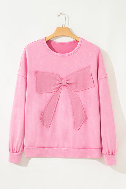Bonbon Waffle Bowknot Patchwork Mineral Wash Plus Size Top
