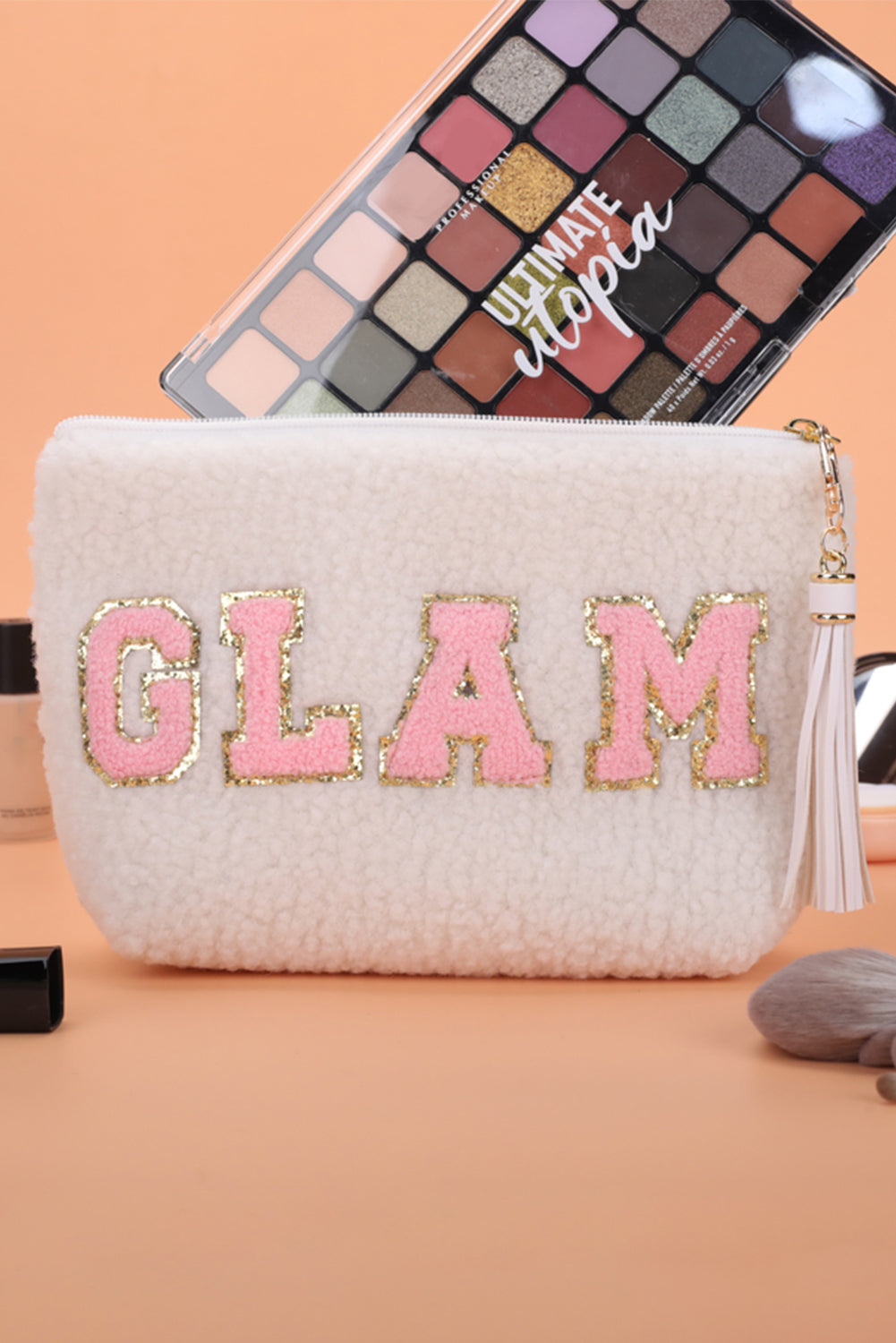 White CALM Letter Pattern Tassel Zipper Makeup Bag
