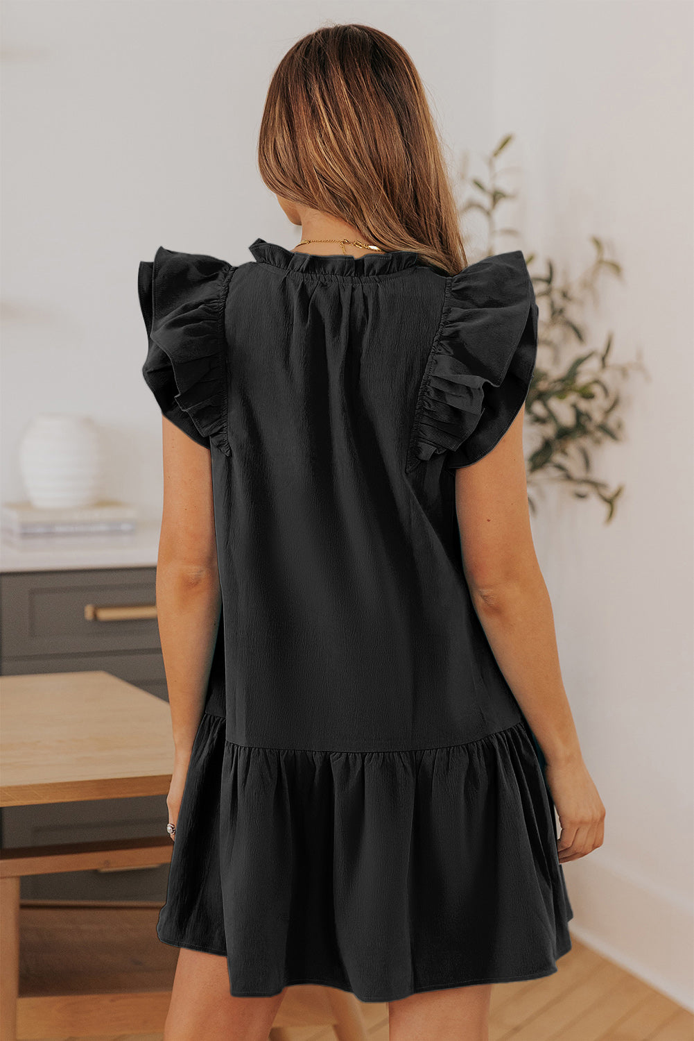 Tiered Ruffled Drawstring V Neck Short Dress With Pockets