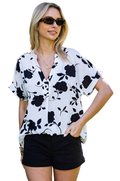 Floral Print Casual Roll Up Sleeve Blouse