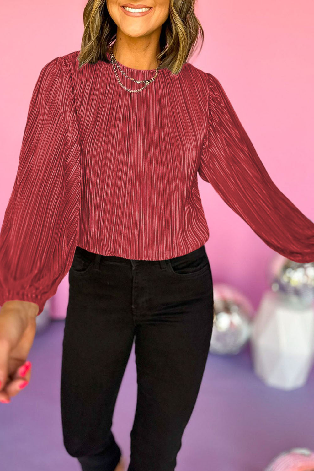 Verdant Solid Color Textured Puff Sleeve Cropped Blouse