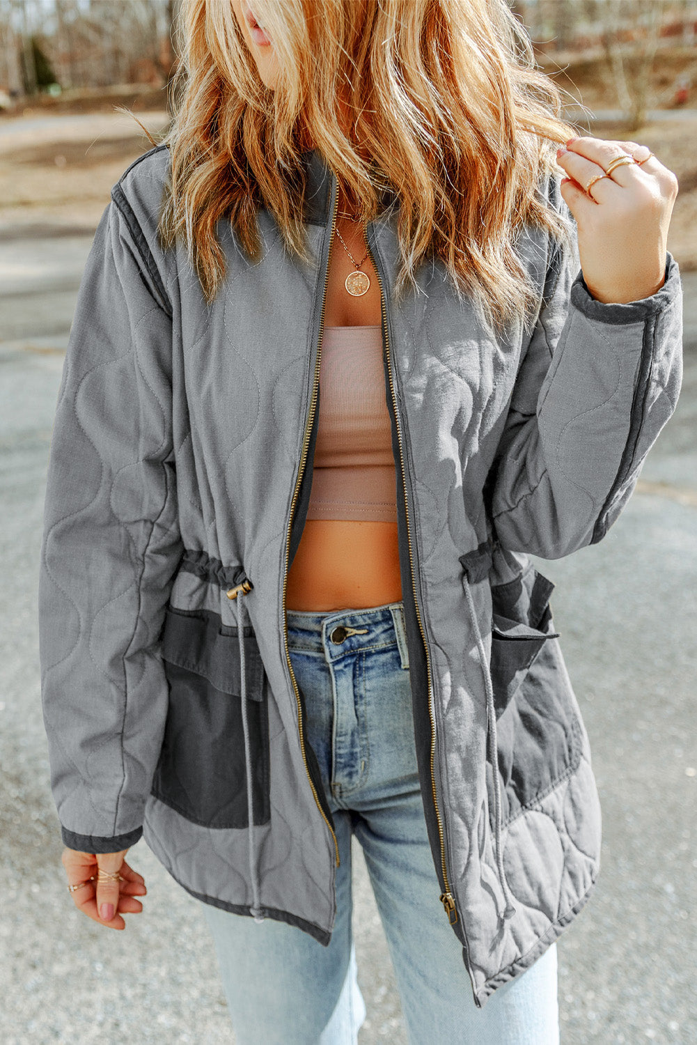 Green Drawstring Waist Quilted Jacket with Pocket