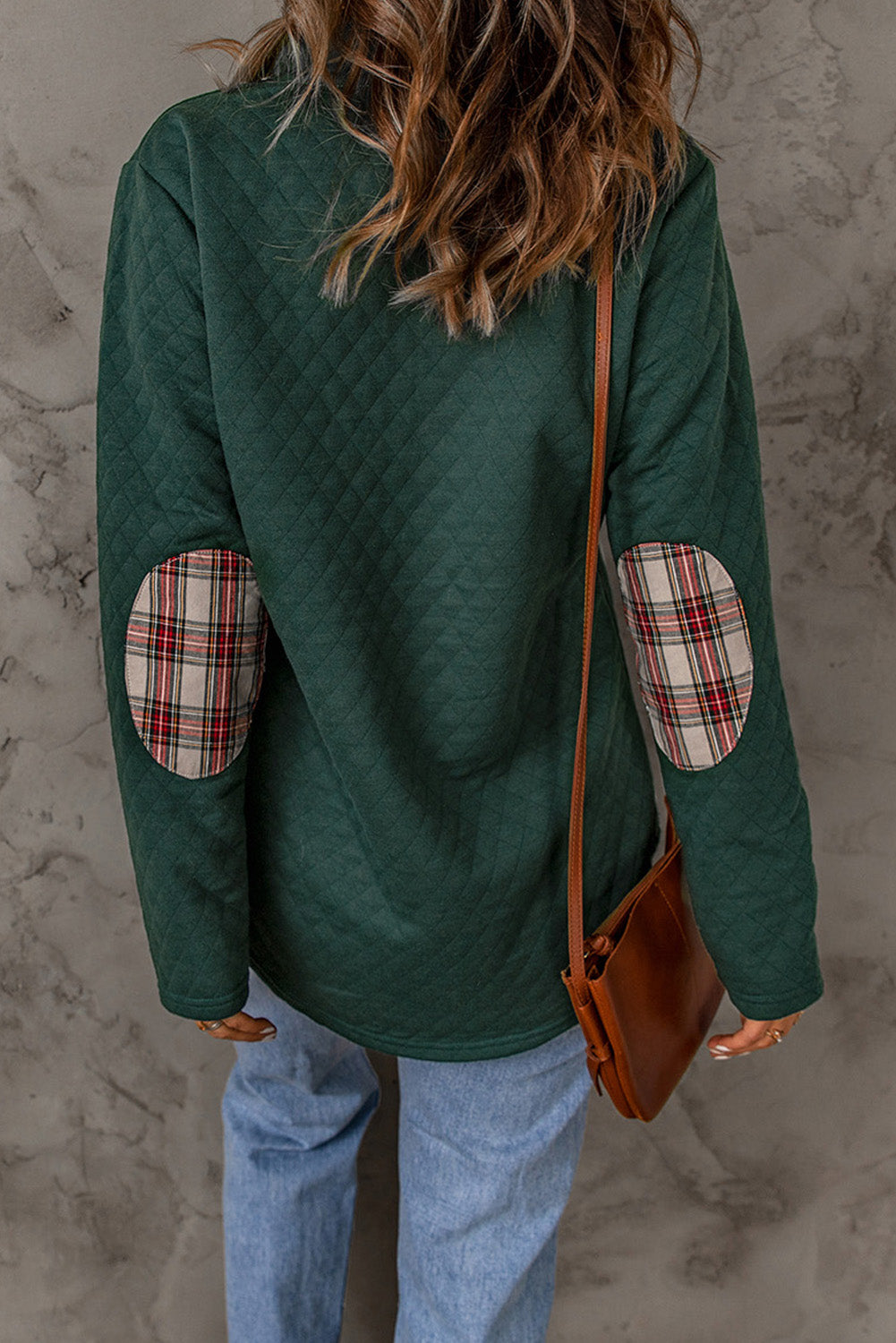 Plaid Geometric Texture Trim Buttons Neck Sweatshirt