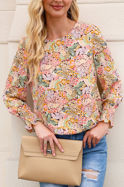 Multicolor Floral Print Smocked Cuffs Long Sleeve Blouse