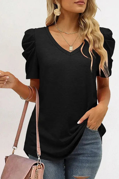 Puff Sleeve Casual V Neck T-Shirt
