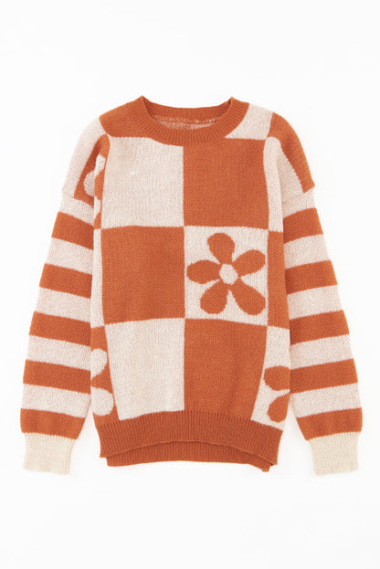 Orchid Petal Checkered and Striped Knitted Sweater