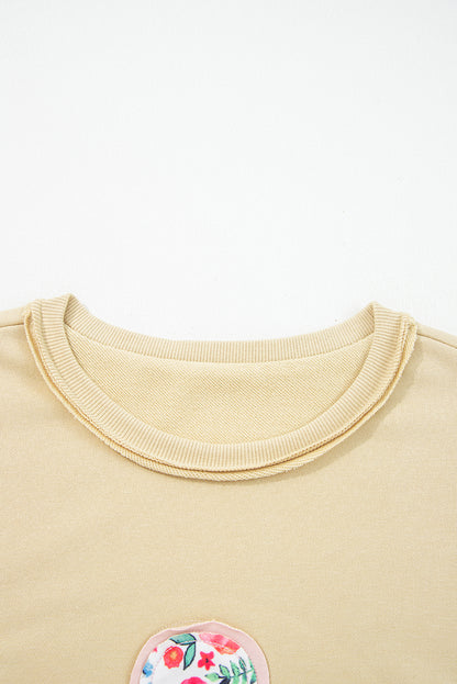 Peach Blossom Flower Applique Patchwork Drop Sleeve Pullover Sweatshirt