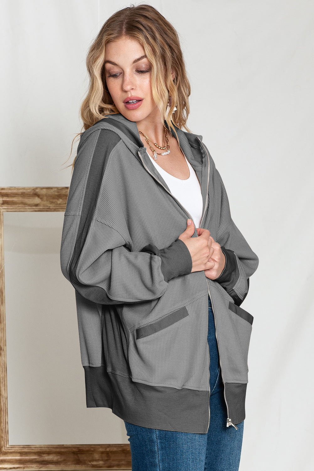 Thermal Zip Up Waffle Hoodie Jacket