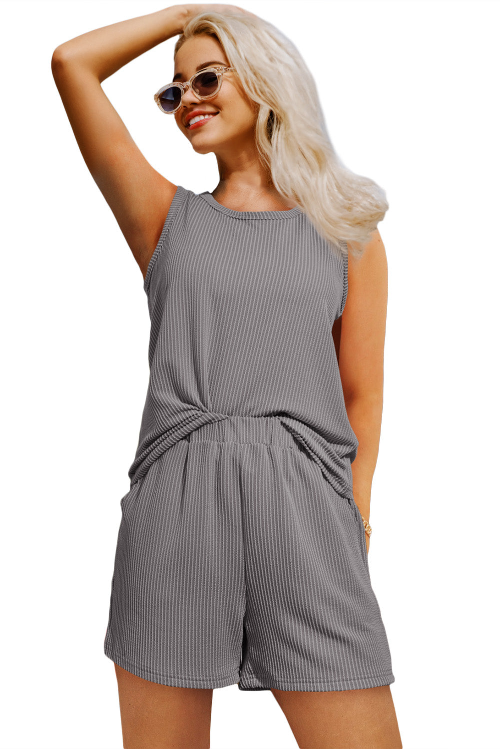 Ribbed Sleeveless Top and Pocketed Shorts Set