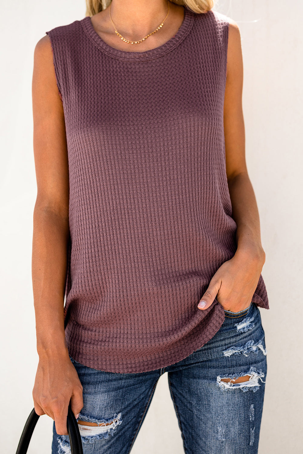 Crew Neck Basic Waffle Tank Top