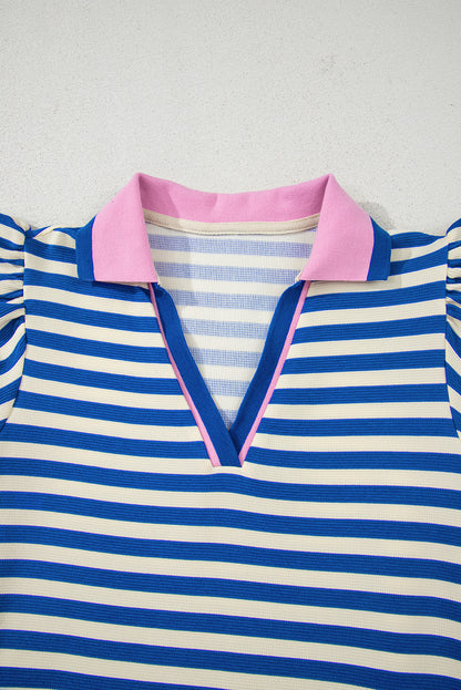 Sachet Pink Striped Ruffle Short Sleeve Pop of Color Neckline Dress