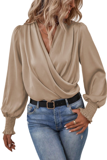 Drape V Neck Long Sleeve Blouse for Women